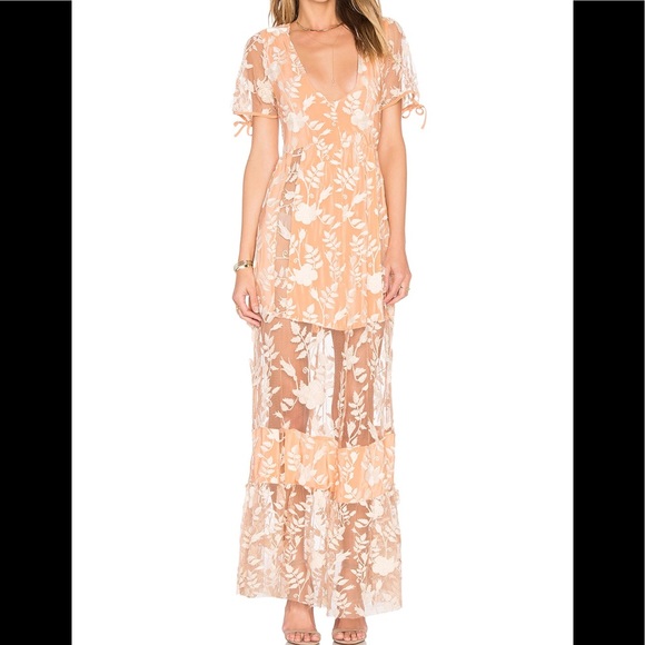 FOR LOVE & LEMONS MIA MAXI DRESS Lace Overlay Sheer Paneled Tie Detail Boho Chic - Picture 4 of 11